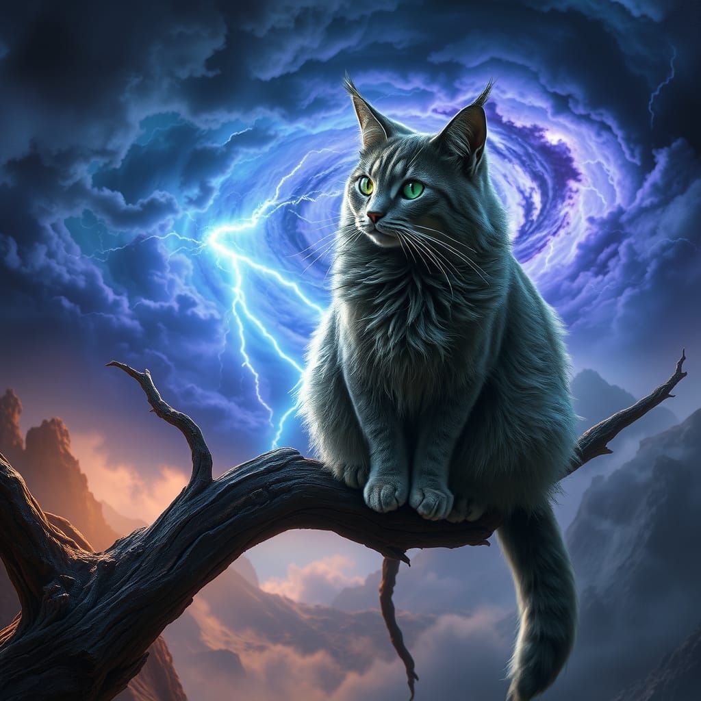Majestic Cat Watches Stormy Landscape in Cyberpunk Fantasy S...