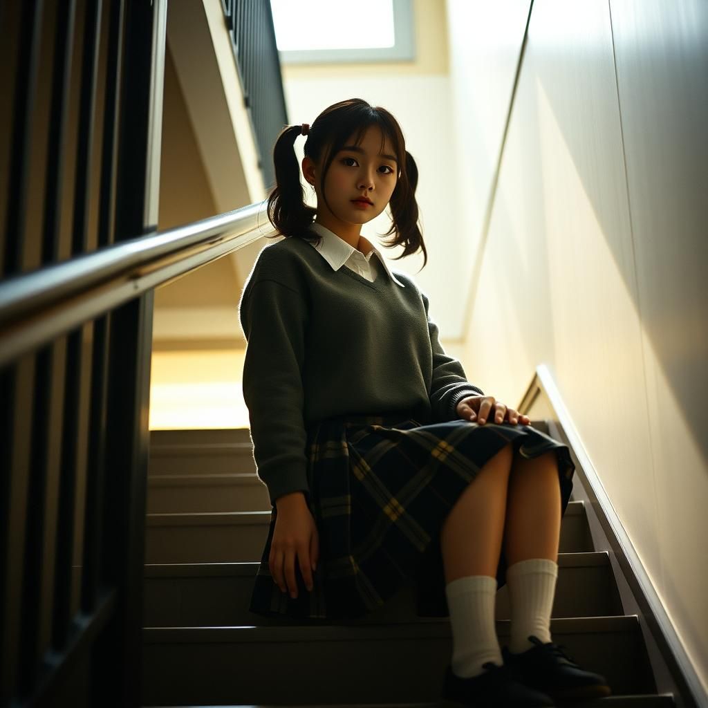 Japanese Schoolgirl in Hallway, Cinematic Film Still