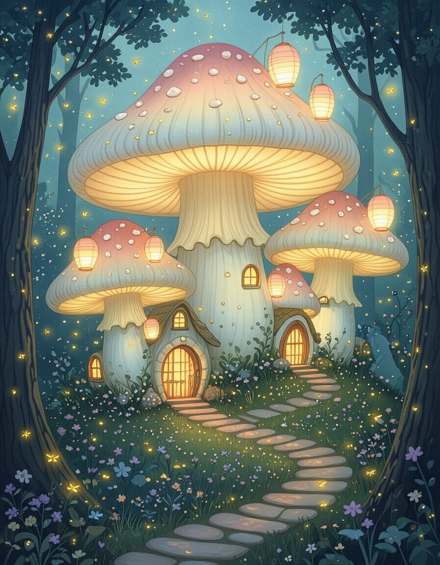 Enchanted Fairy Village in Luminous Mushrooms