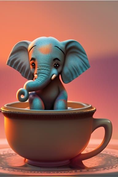 Baby Elephant in Teacup: Pixar-Style 3D Render