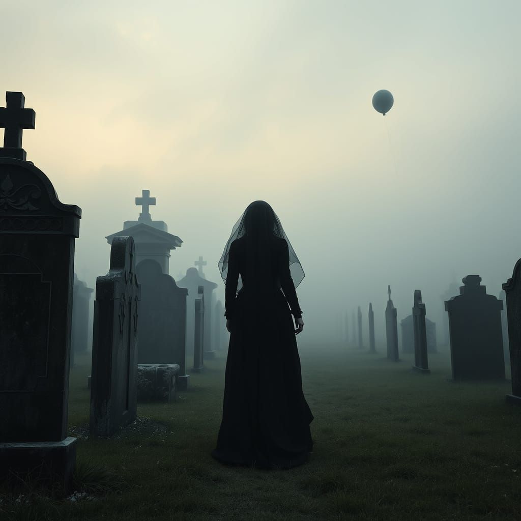 Woman in Black at Cemetery with Balloon