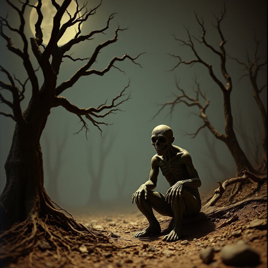 1970s Post-Apocalyptic Horror Scene in Moody, High Contrast....