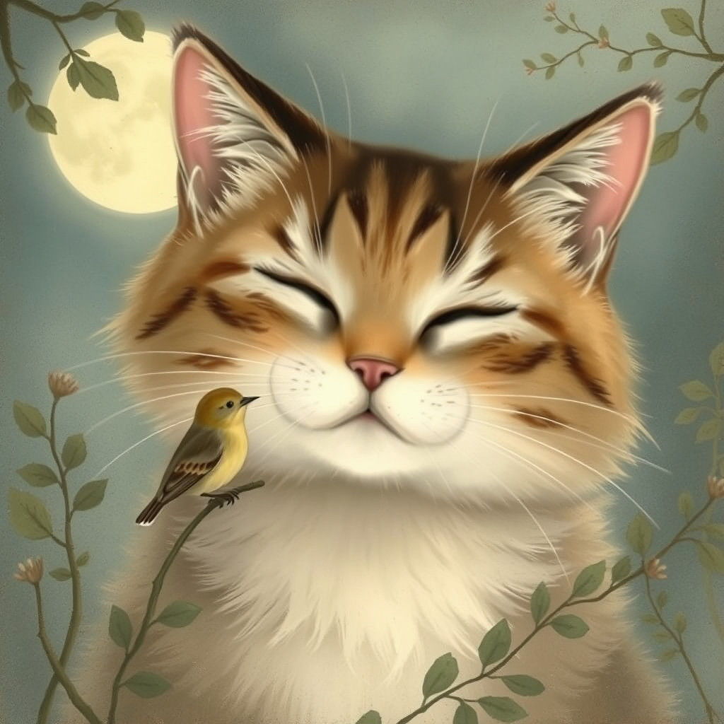 Moonlit Cat with Nightingale in Ethereal Style