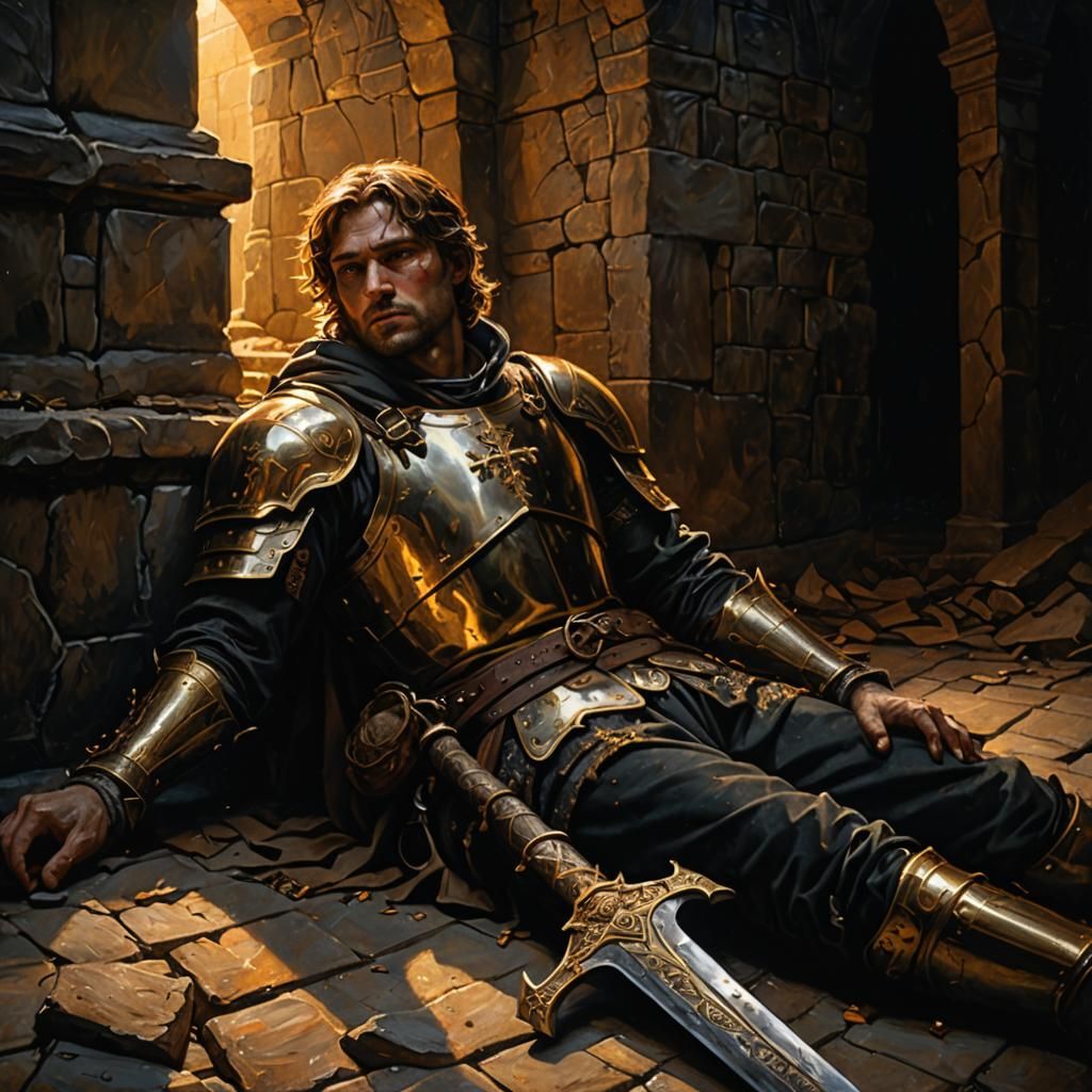 Fallen Hero in Dark Pit: Renaissance Oil Painting