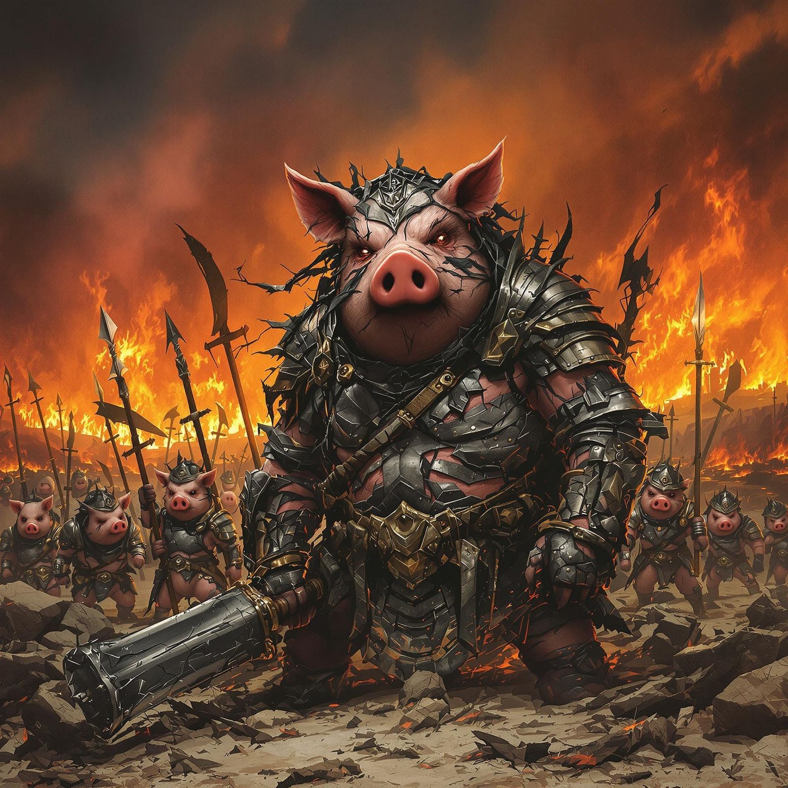 Armored Pig Leading Warriors Through Burning Wasteland