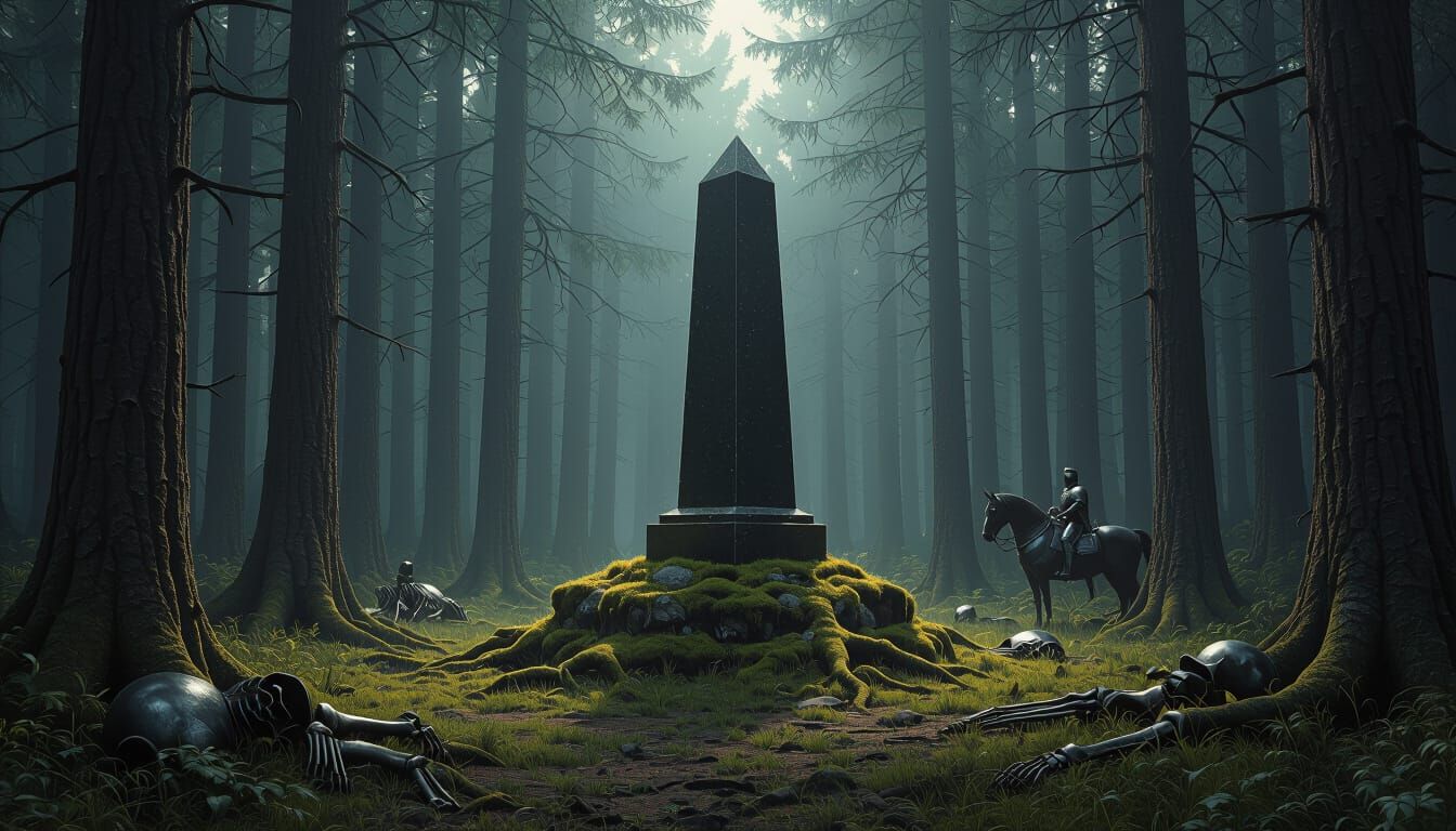Eerie Forest Clearing with Black Obelisk