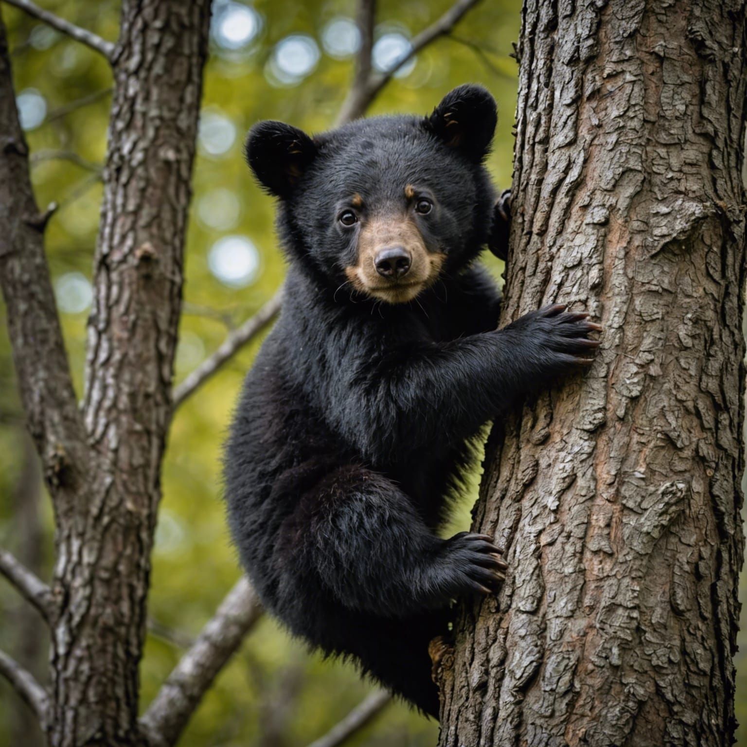 Black Bear Cub Climbing a Tree in Hyperrealistic Style
