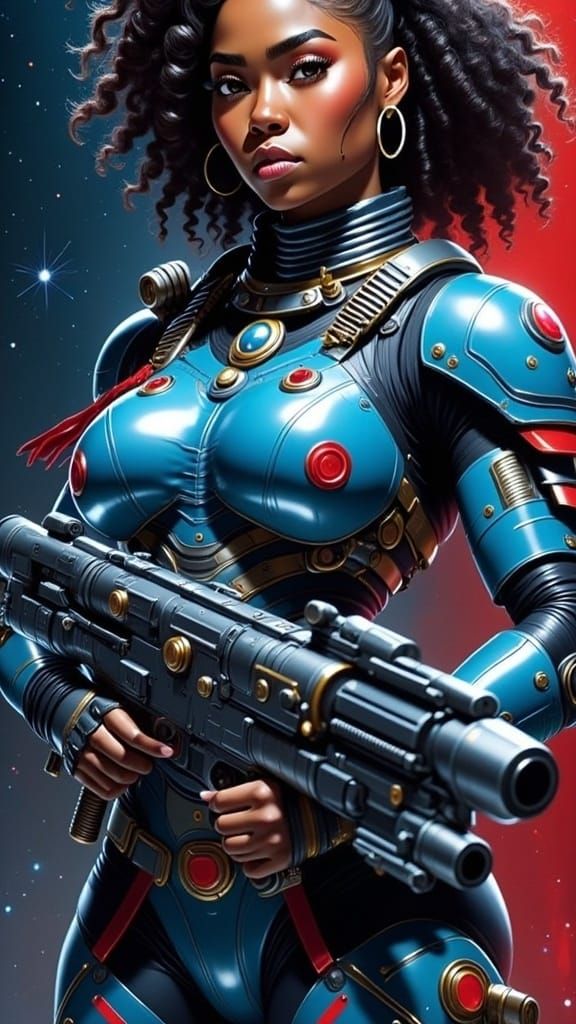 Cyberpunk Female Space Warrior in Heroic Pose with Laser Can...