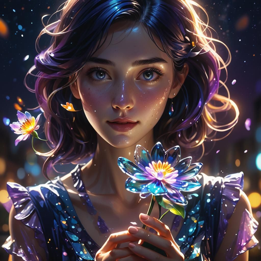 Woman with Glowing Glass Flower in Splash Art