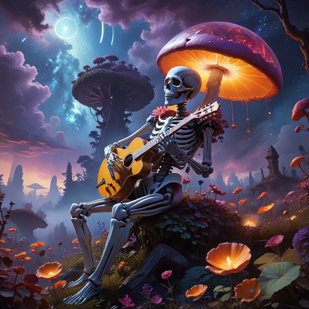 Surreal Yellow Submarine in Cosmic Sky with Regal Skeleton M...