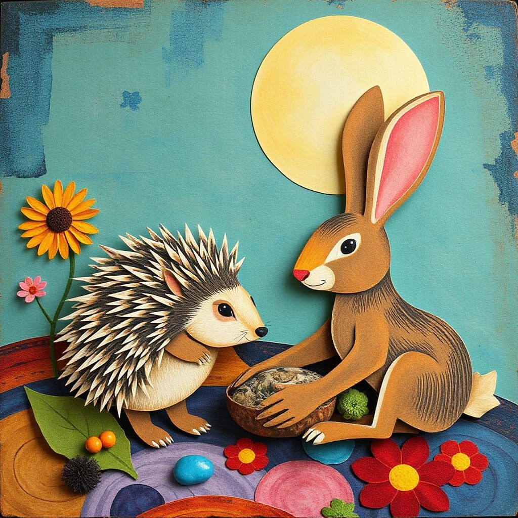 Hedgehog and Rabbit Paper Cutouts in Surrealist Style