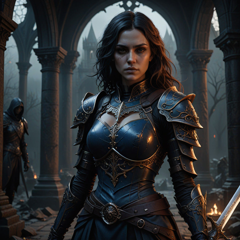Dark Fantasy Emo Woman with Sword Arm in Gothic Setting