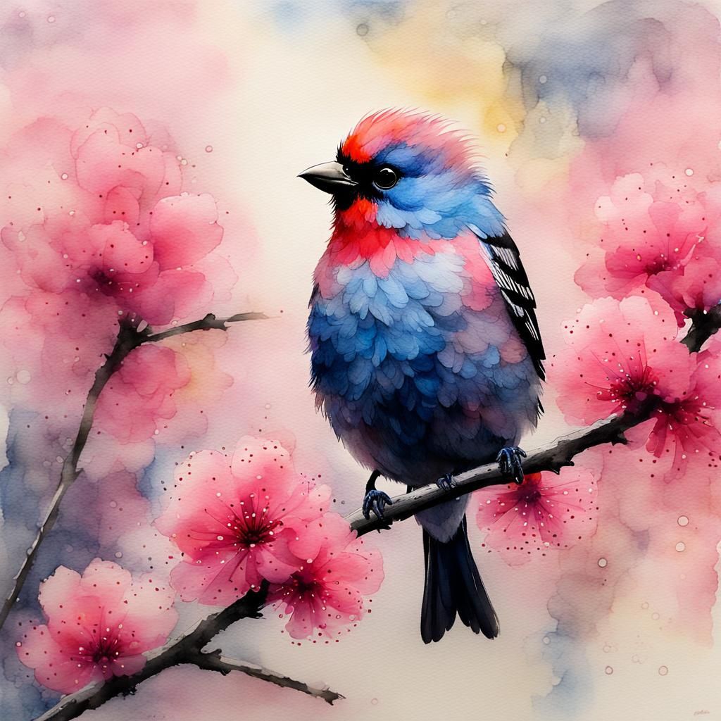 Dreamy Watercolor Scarlet Tanager with Blossoms