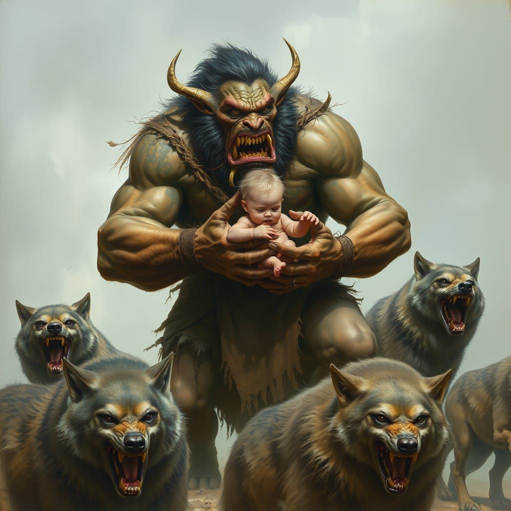Ogre Protecting Child from Wolves, Fantasy Illustration