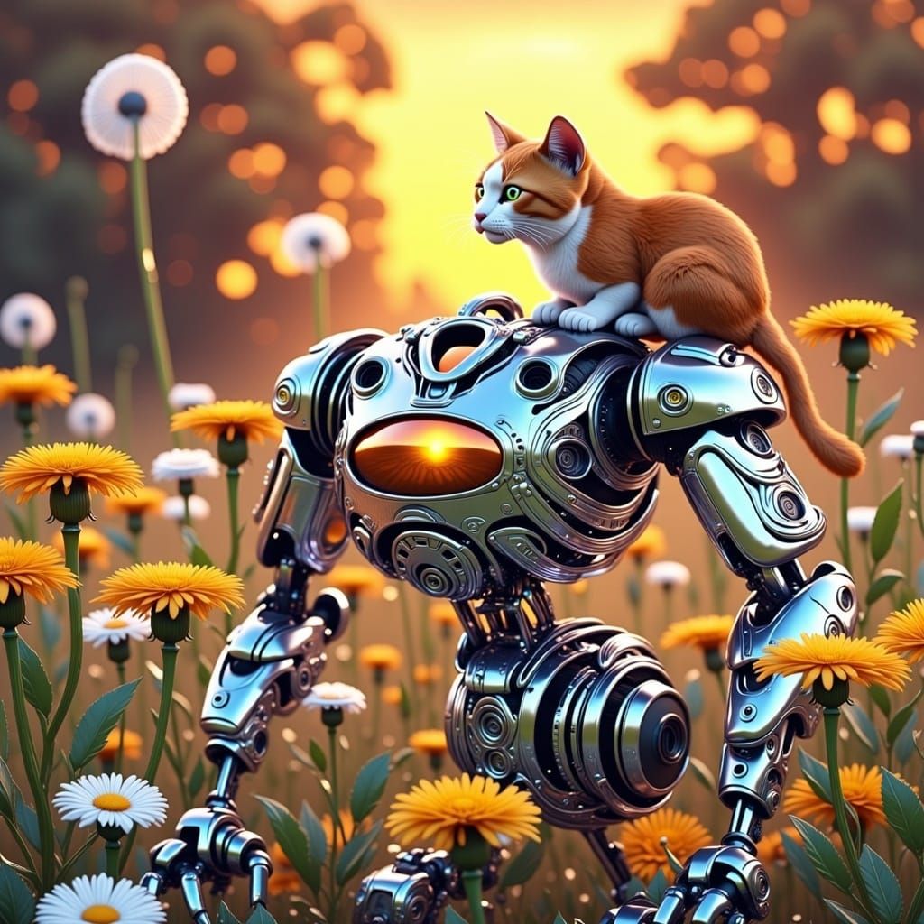 Sleek Robot Stands Amidst Vibrant Dandelions in Sunset Lands...