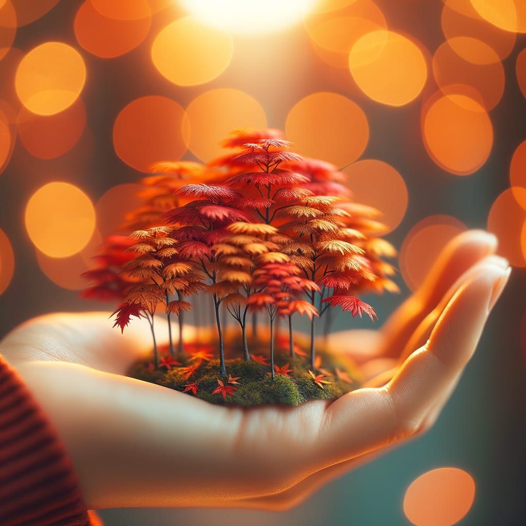 Miniature Autumn Forest Held in Hand as Bokeh Lights Blur