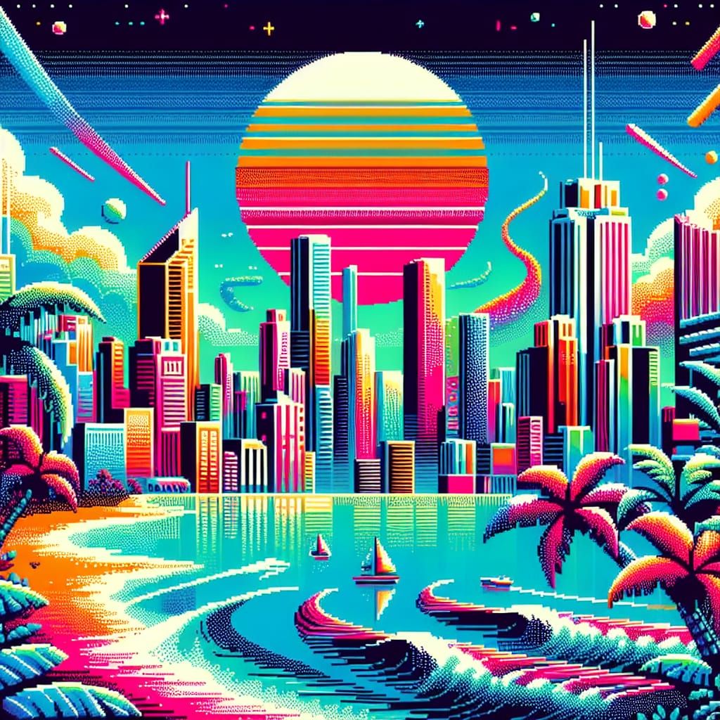 Vaporwave Caribbean Skyline in Art Deco Style