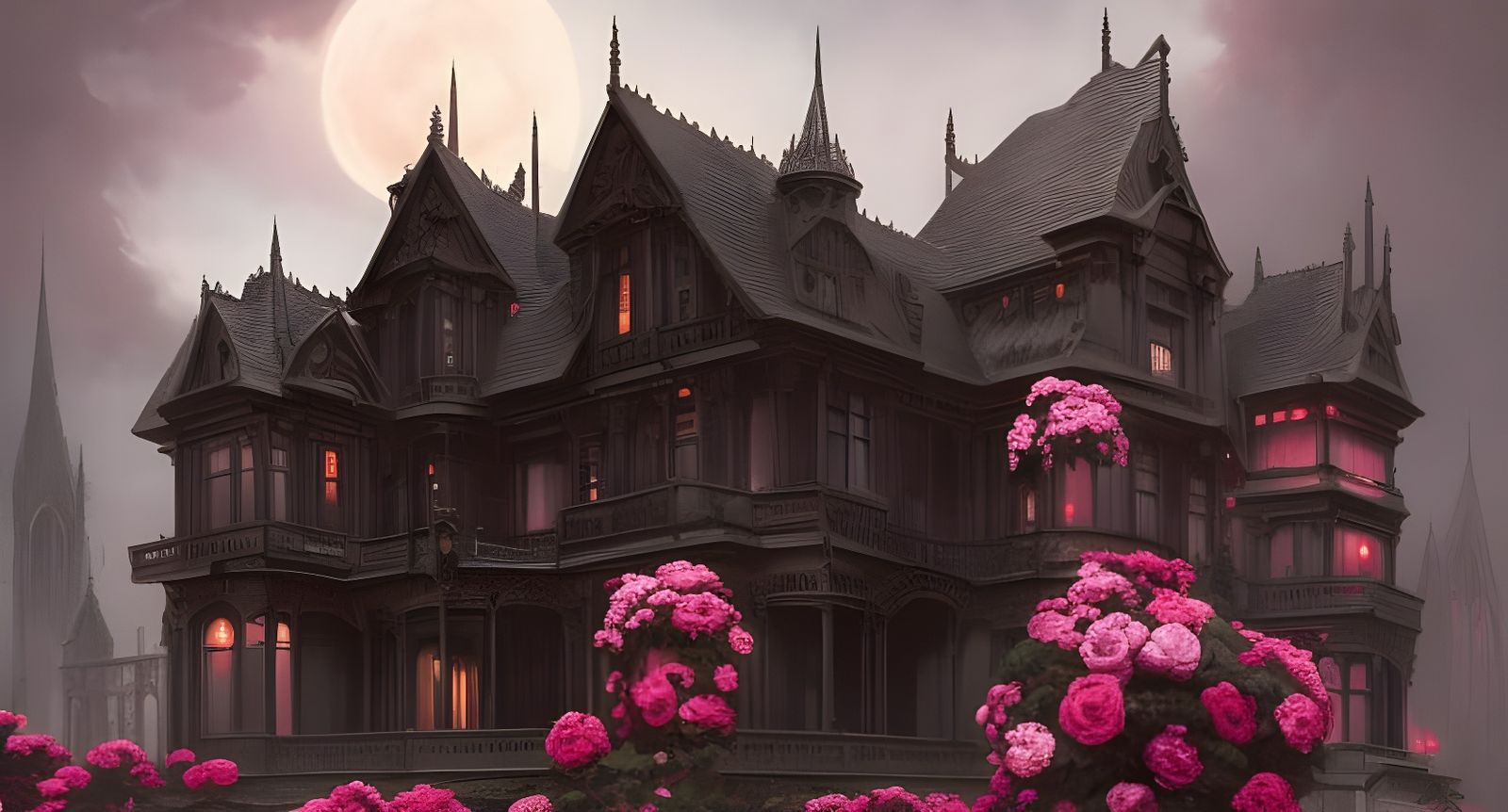 Dark Gothic Mansion with Pink Roses, Matte Painting