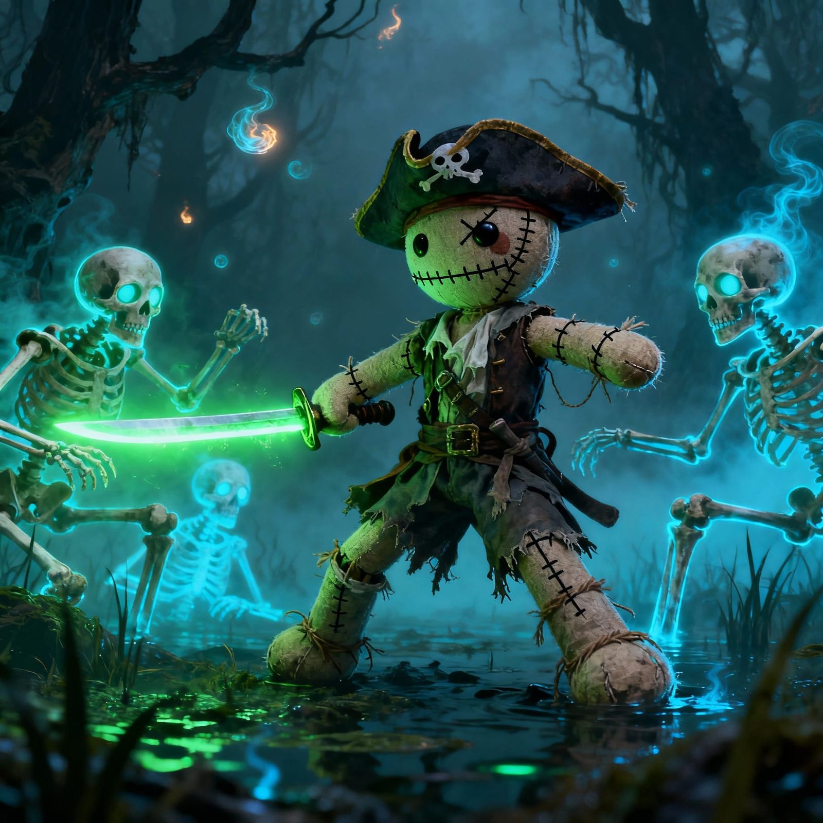 Bioluminescent Pirate Voodoo Doll Fights Skeletons
