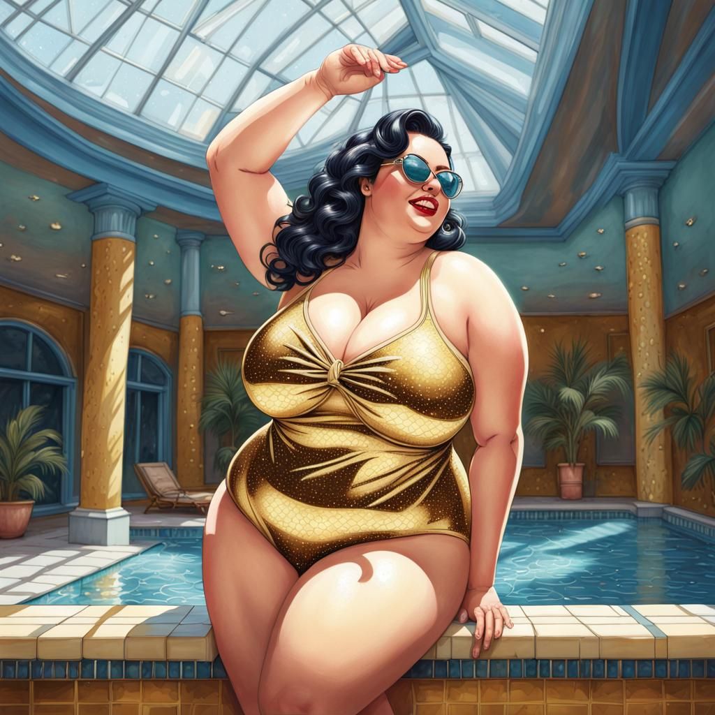 Gold Swimsuit Pin-Up at Sparkling Pool