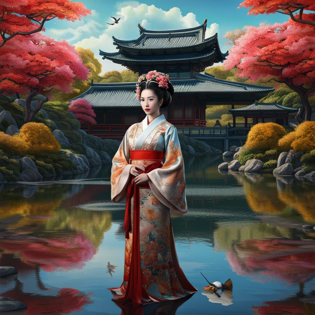 Geisha by Pond: Rococo Gothic Filigree Style