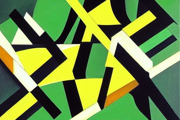 Abstract Cubism: Green Brushstrokes and Yellow Circle