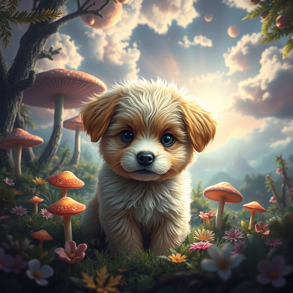 Enchanted Fantasy Landscape with Adorable Puppy