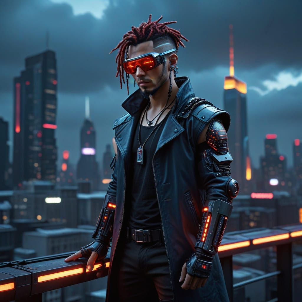Cyber-Hacker on Megacity Rooftop in Cyberpunk Style