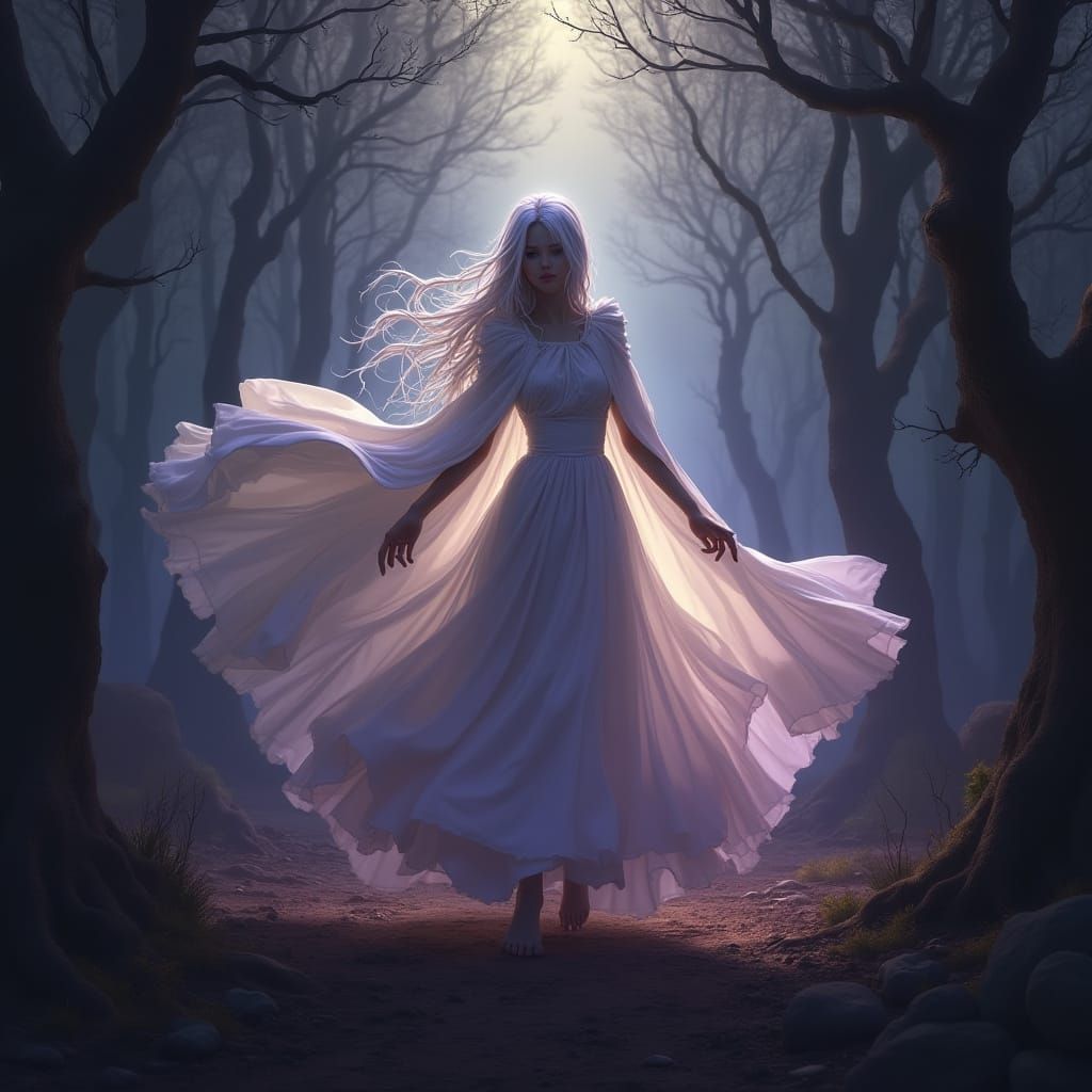 Ethereal Girl Dancing in Misty Forest, Dark Fantasy Art