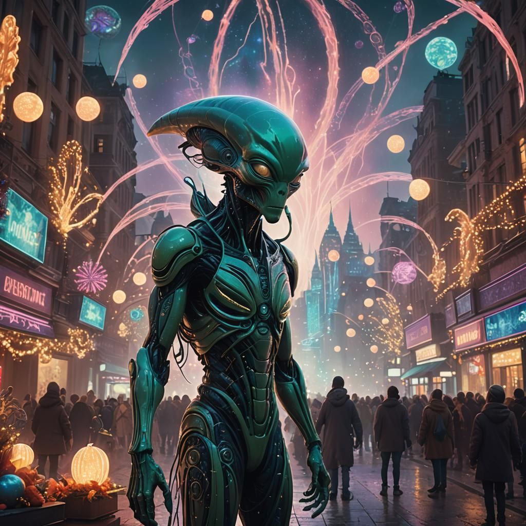 Alien Visits Earth in Sci-Fi Splash Art