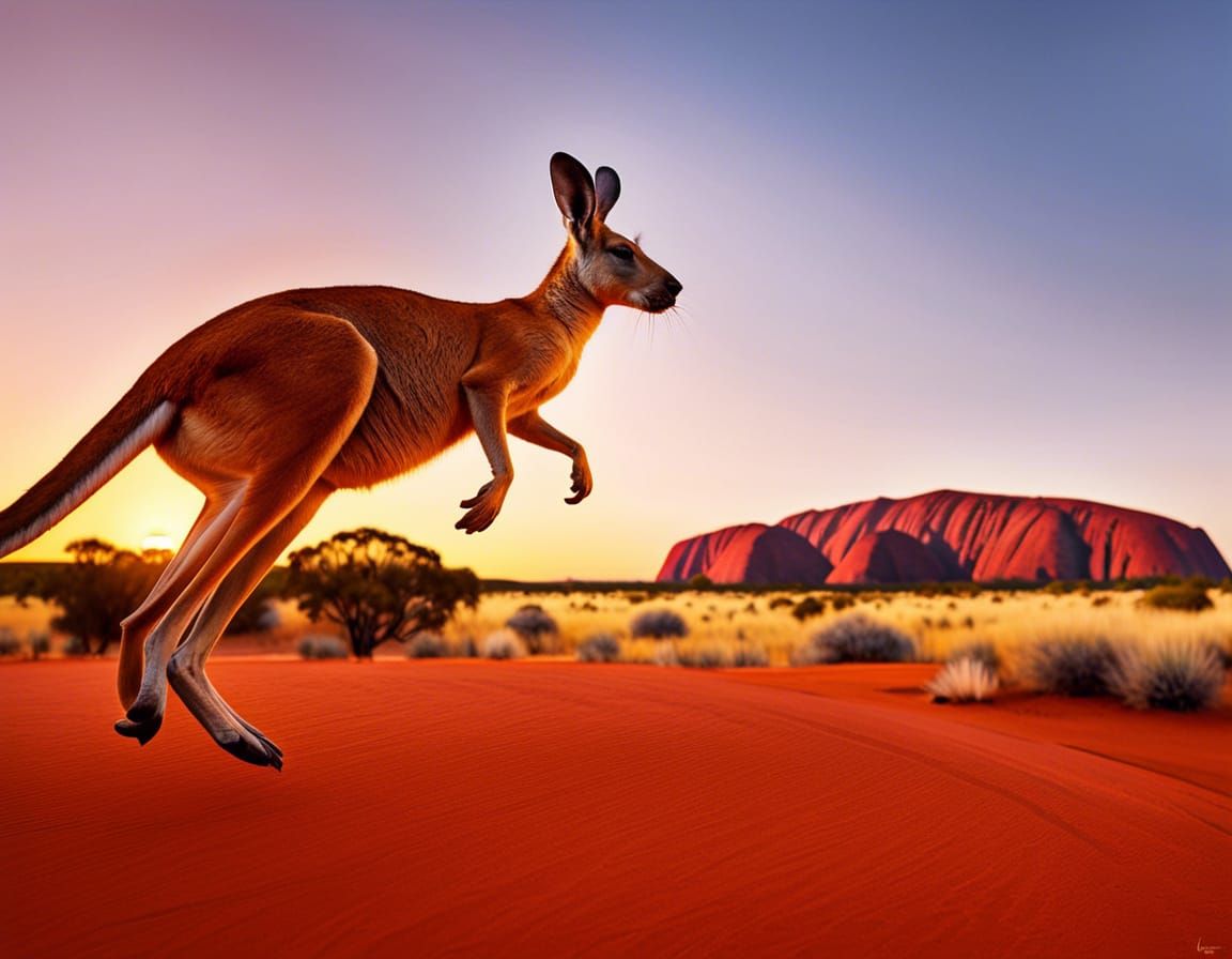 Kangaroo Jumps at Uluru During Sunset, Hyperrealistic