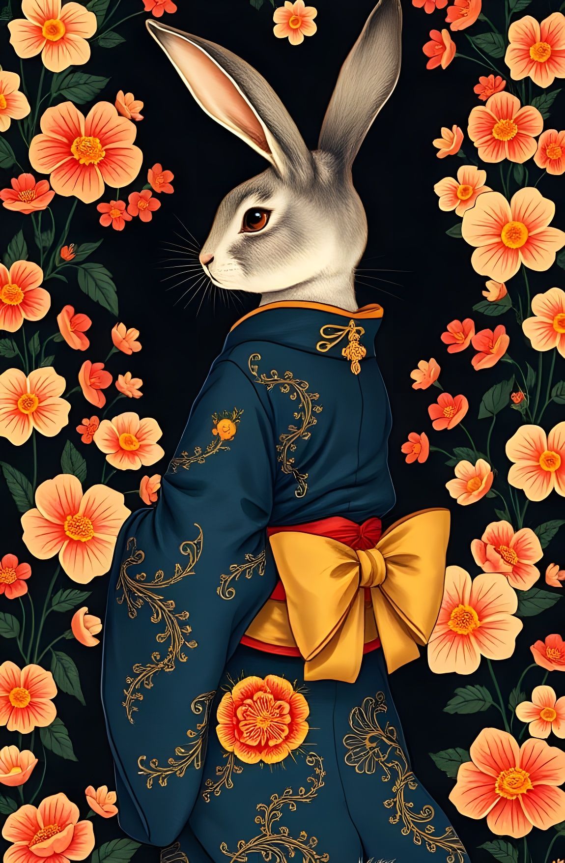 Geisha Rabbit in Ornate Blue Kimono with Gold Accents