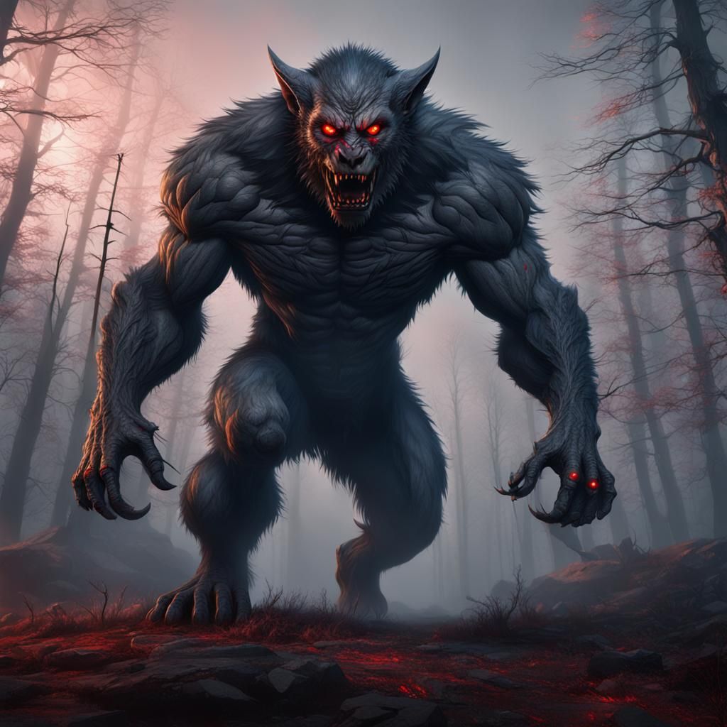 Muscular Werewolf with Red Eyes in Misty Forest