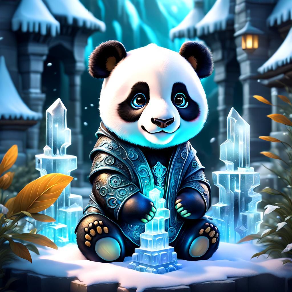 Panda Cub in Ice Garden: Steampunk Digital Art