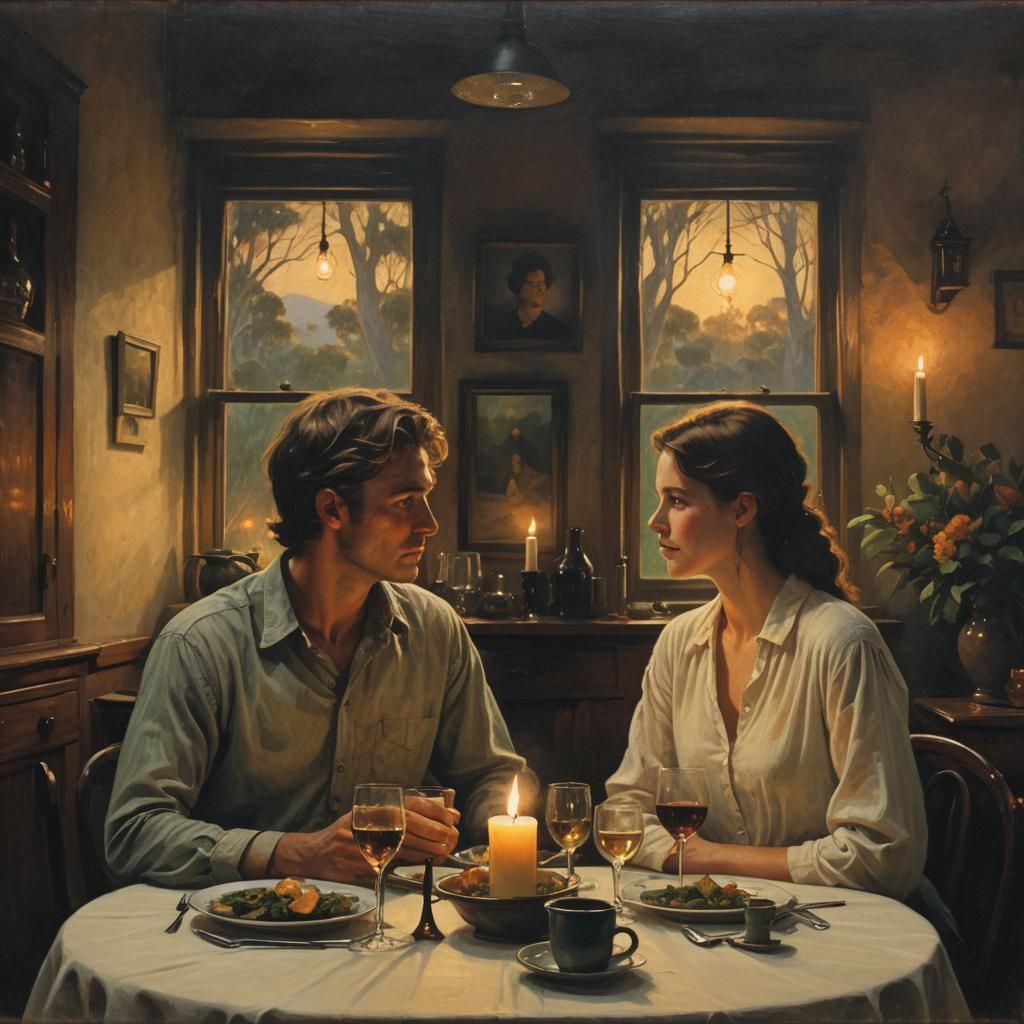 Romantic Candlelit Dinner in Australian Tonalism Style