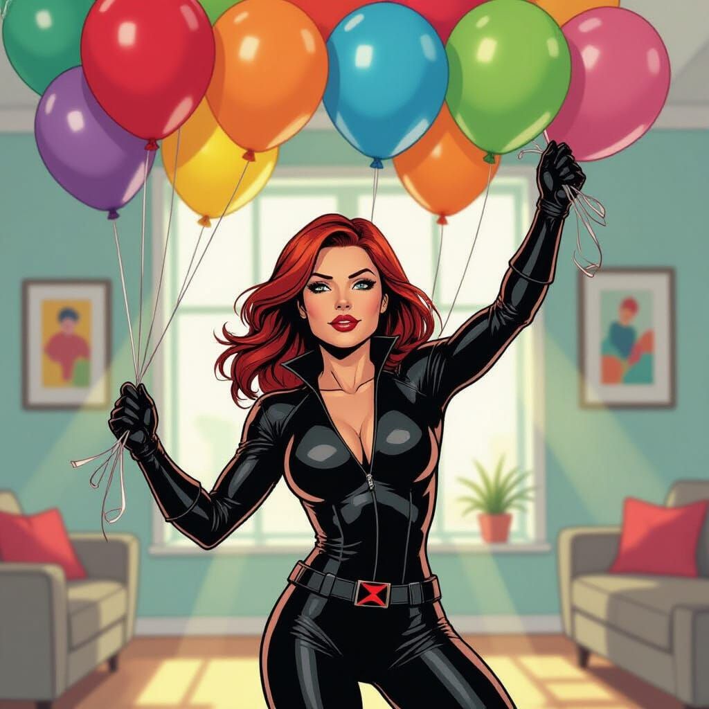 Black Widow Celebrates with Balloons, Comic Book Art