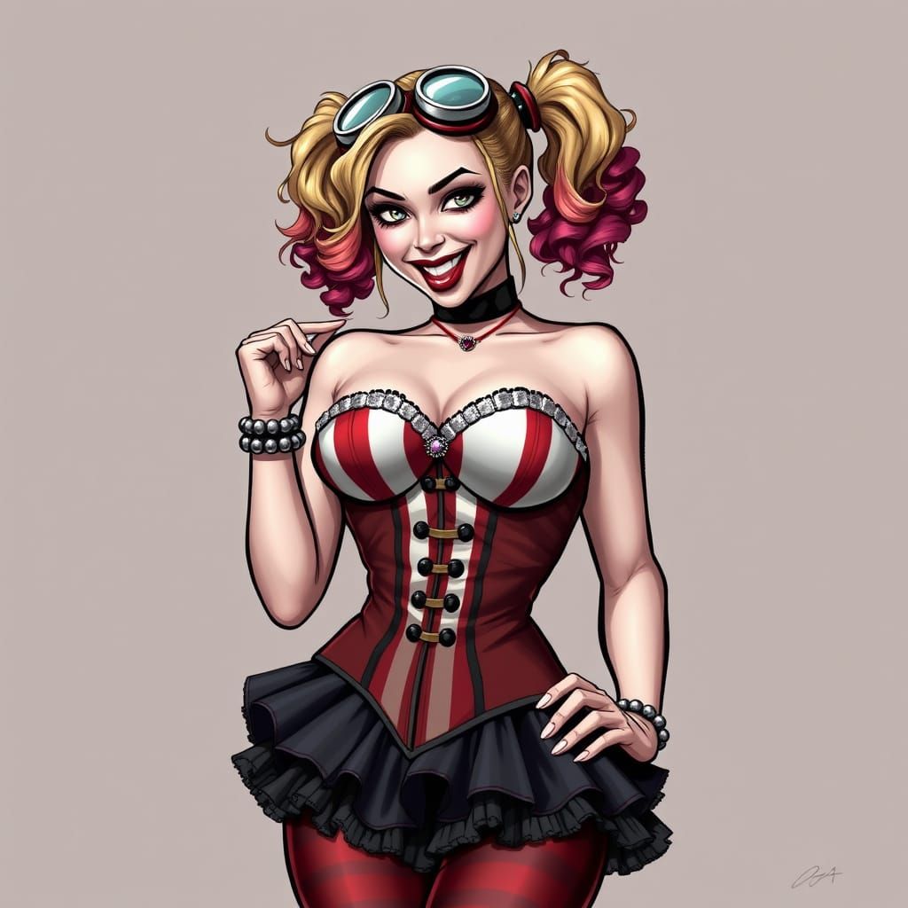 Playful Vixen in Striped Steampunk Attire