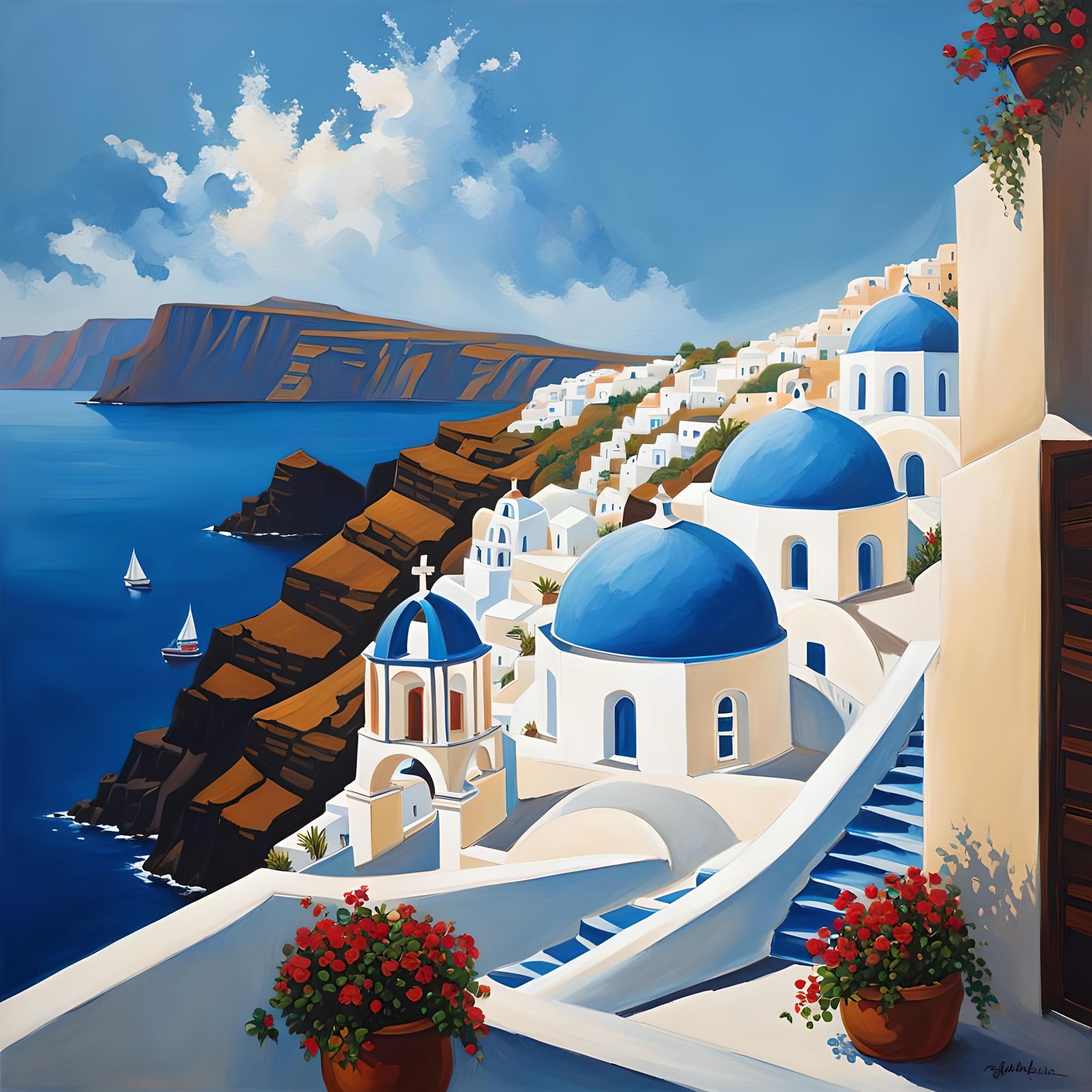 Santorini View: Impressionistic Oil Painting