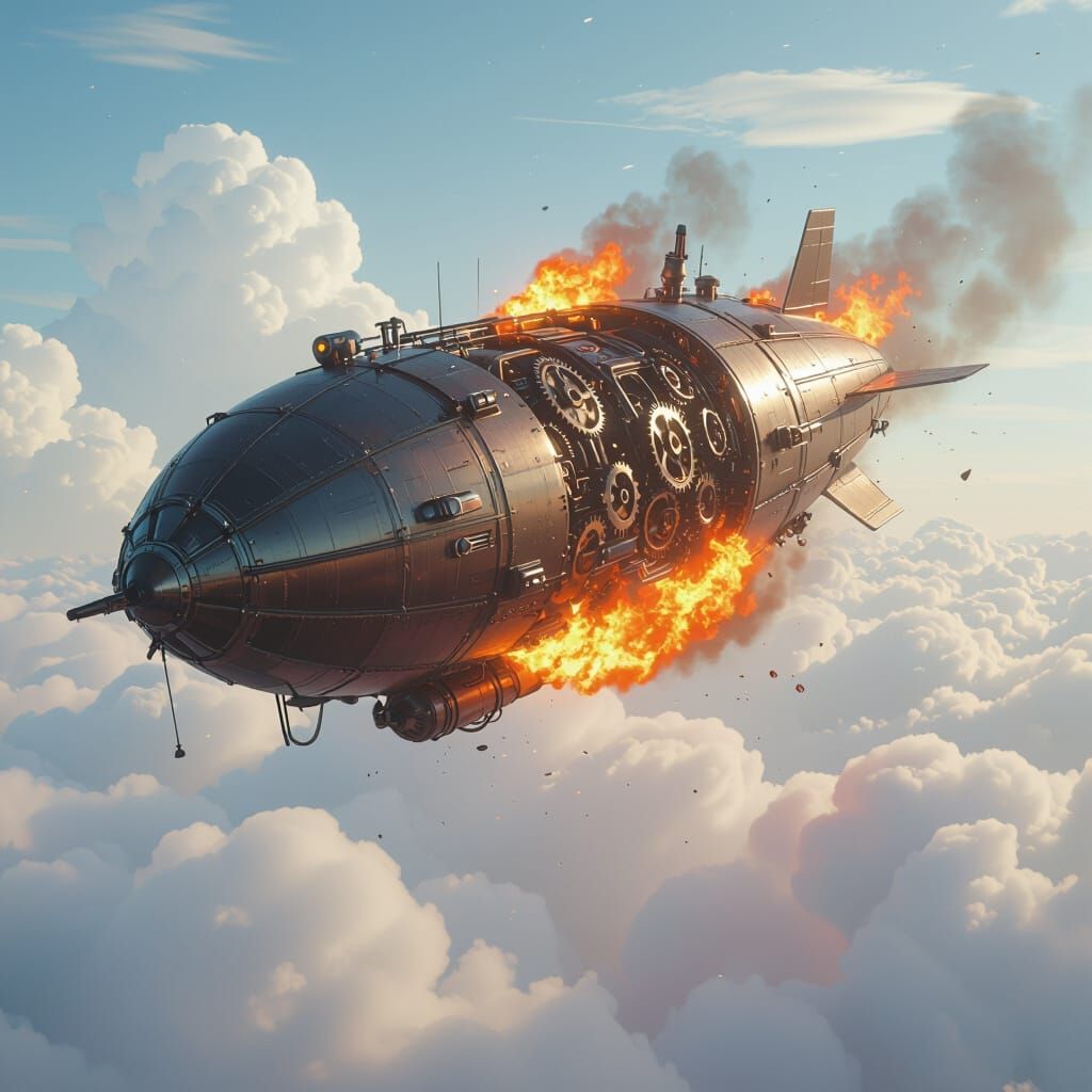 Burning Airship Plummets From Sky in Steampunk Style
