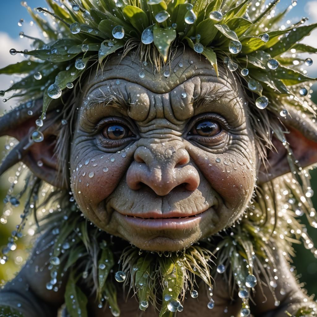Dew-Kissed Baby Troll: 8K Macro Photograph