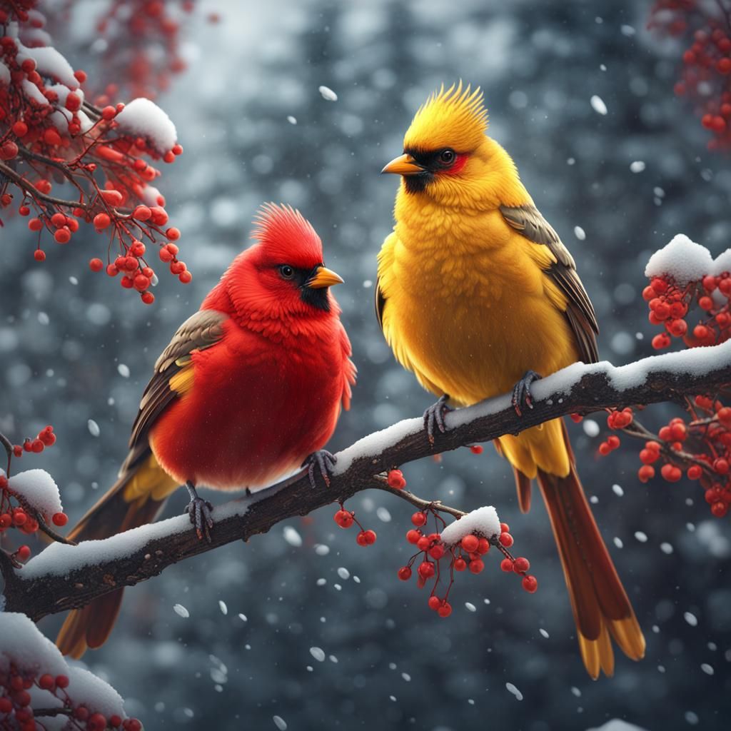 Vivid Birds on Winter Branches in Snow