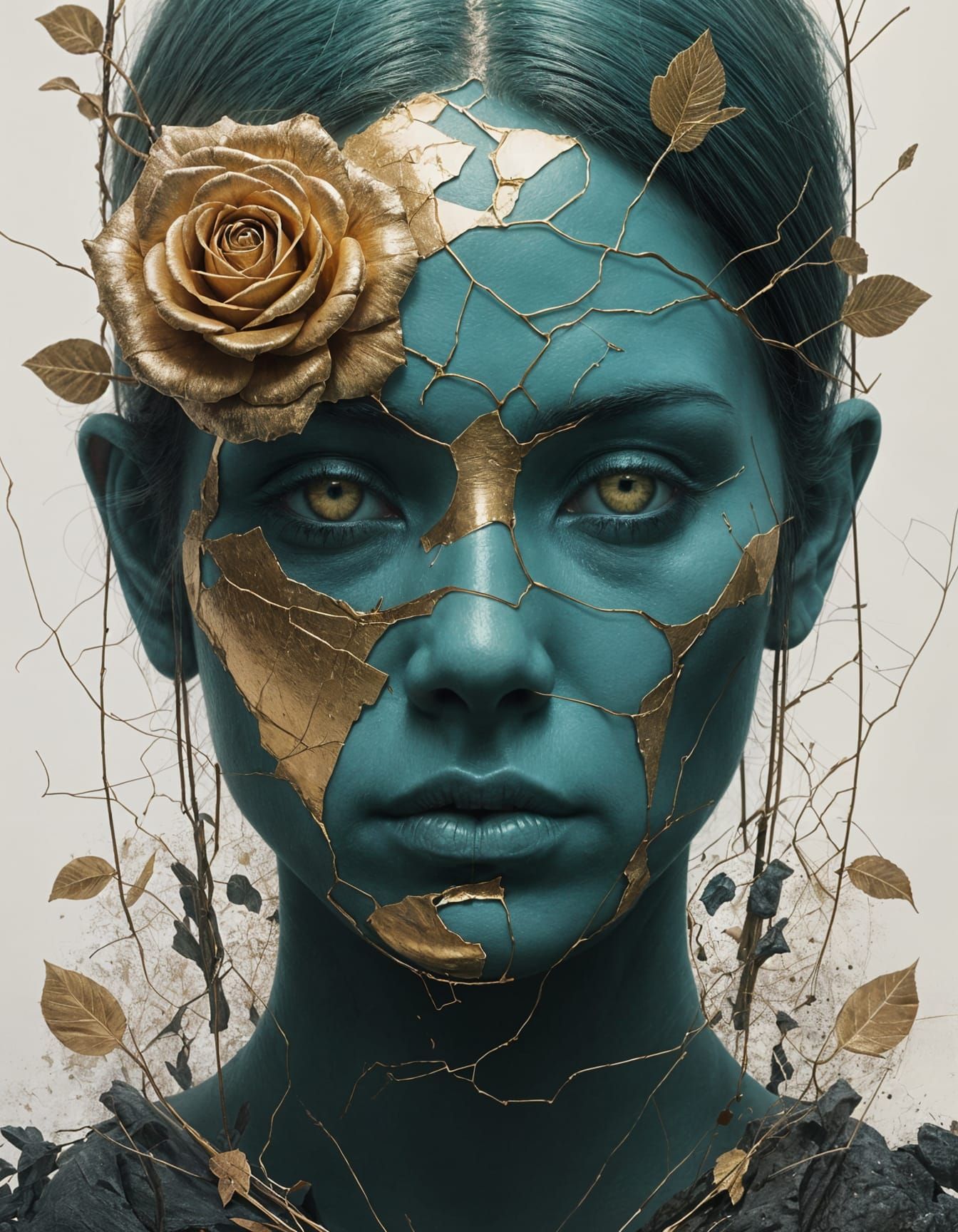 Golden Rose with Cracked Marble Face in a Cinematic Still