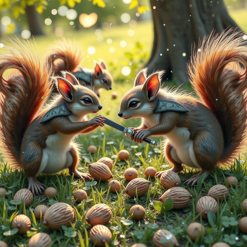 Squirrels' Backyard Battle in Fantastical Style