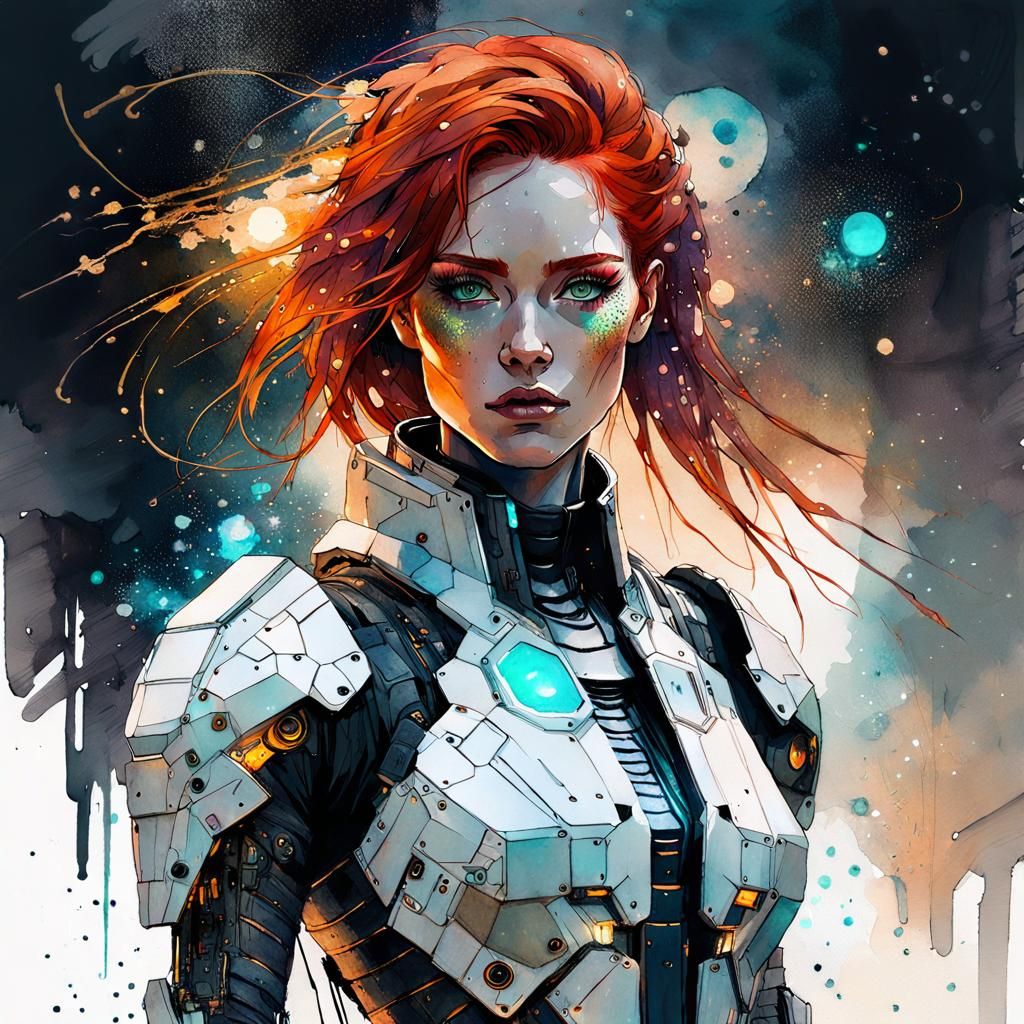 Armored Redhead Cyberpunk Woman in Digital Watercolor
