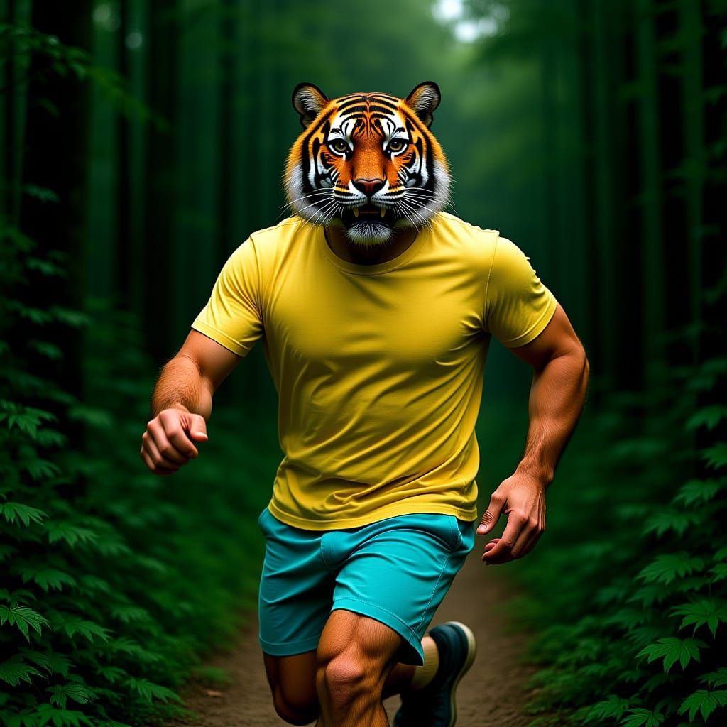 Tiger-Man Runs Through Jungle in Digital Art Style