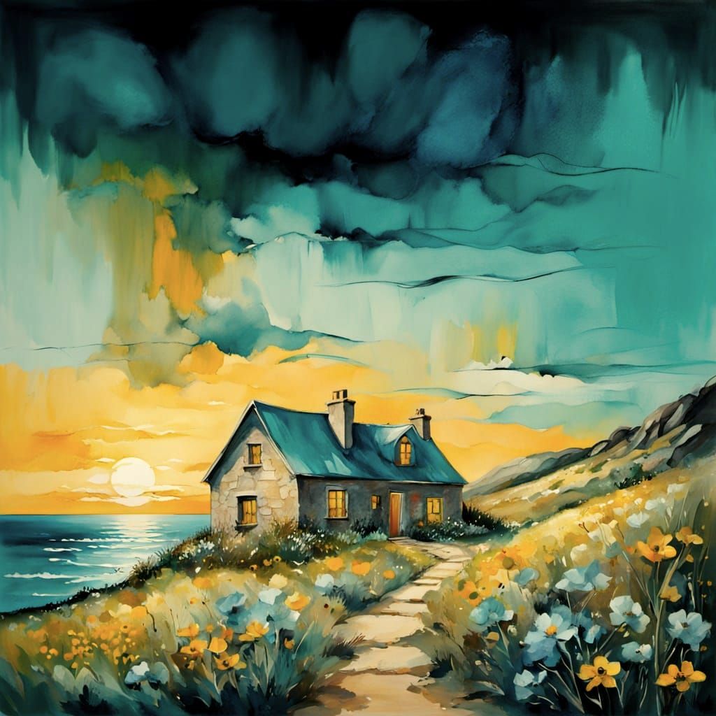 Seaside Cottage Overlooking Turquoise Sea, Watercolor Style