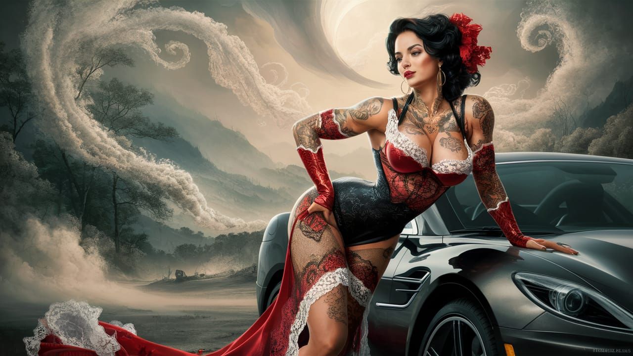 Captivating Woman in Lace Leaning on Car