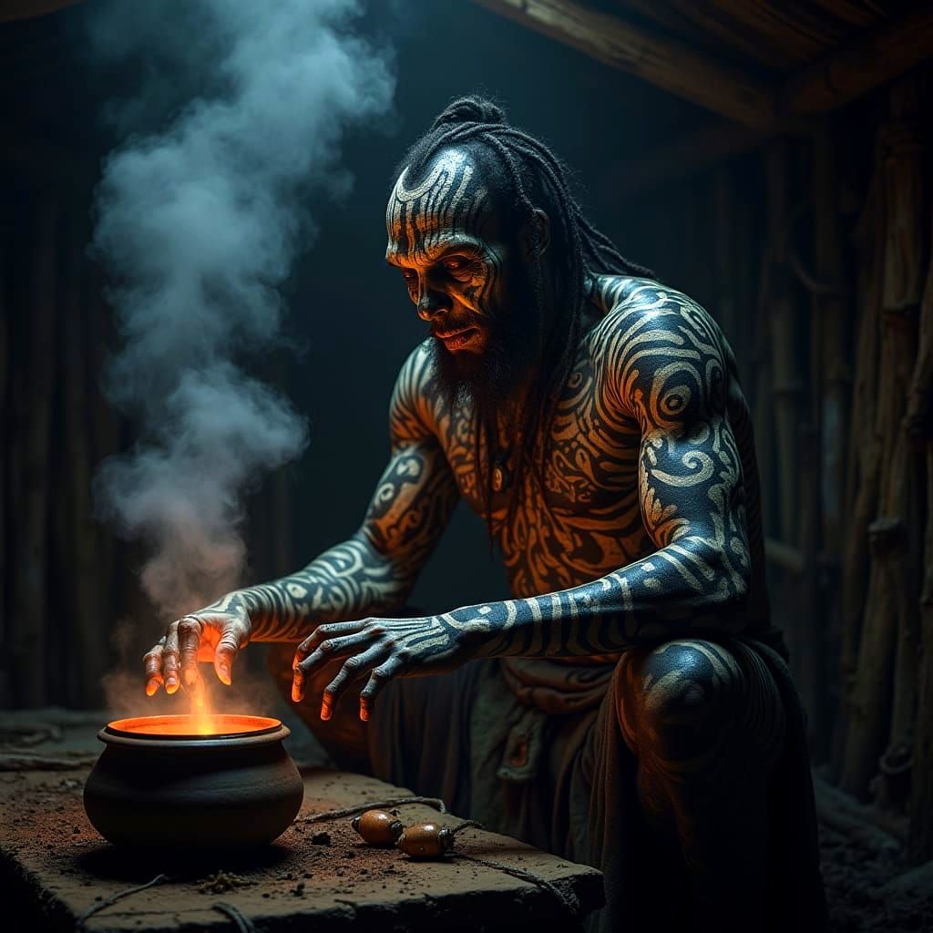 Voodoo Shaman Prepares Evil Potion