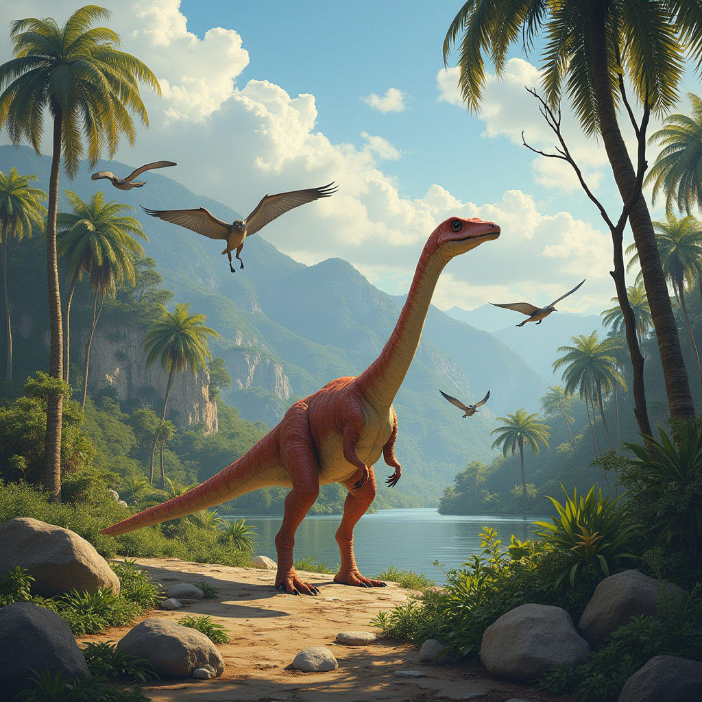 Lush Tropical World with Dinosaurs in a Fantasy Style