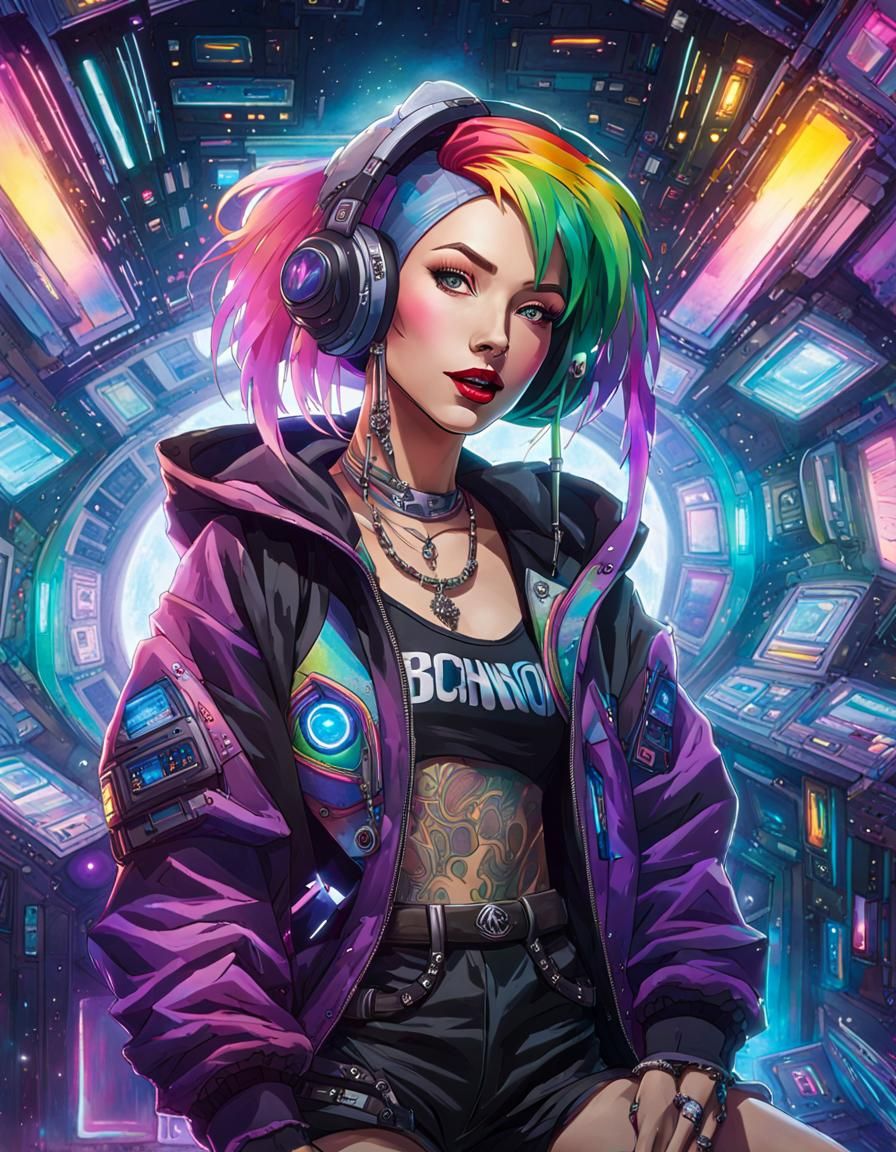 Cyberpunk Anime Woman in Space Station